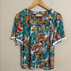 Chico’s Colorful Banana Print Linen Top Fringe Trim Short Sleeves size M Casual